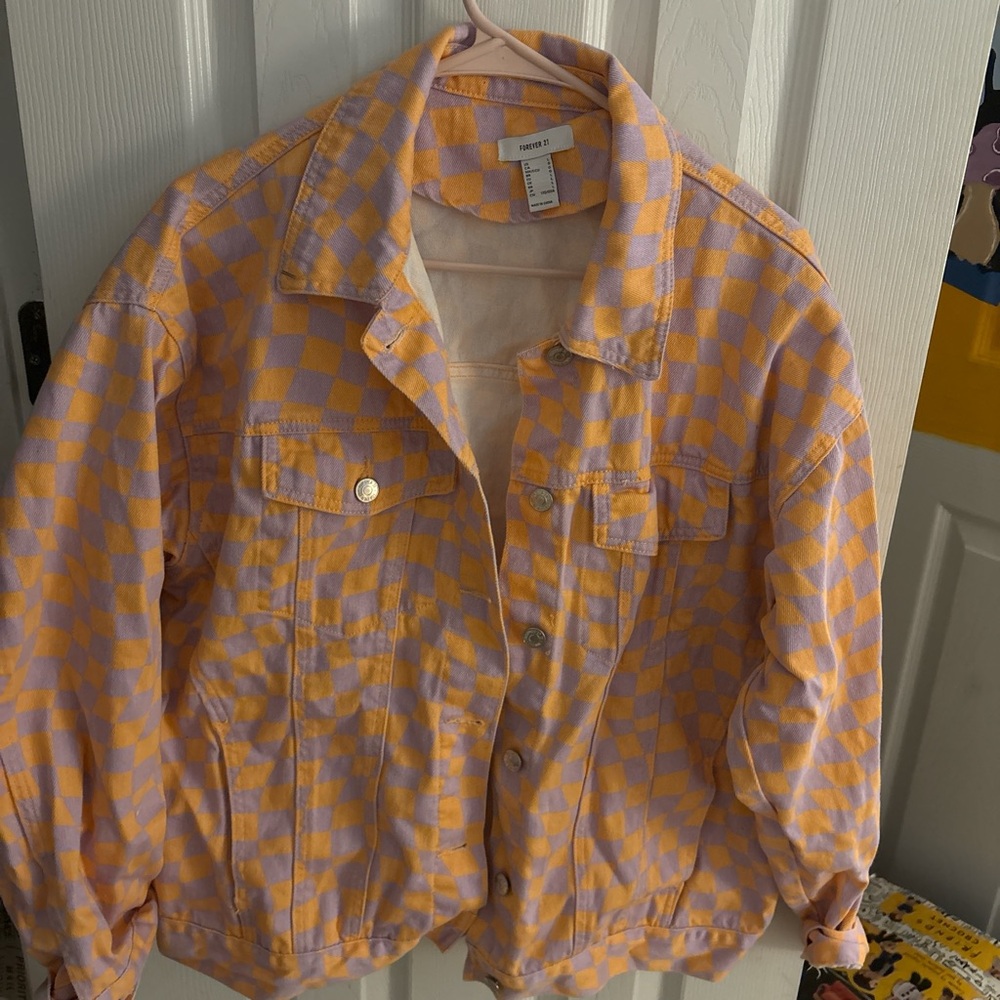 Forever 21 Lavender and Yellow Checkerboard Jean Jacket